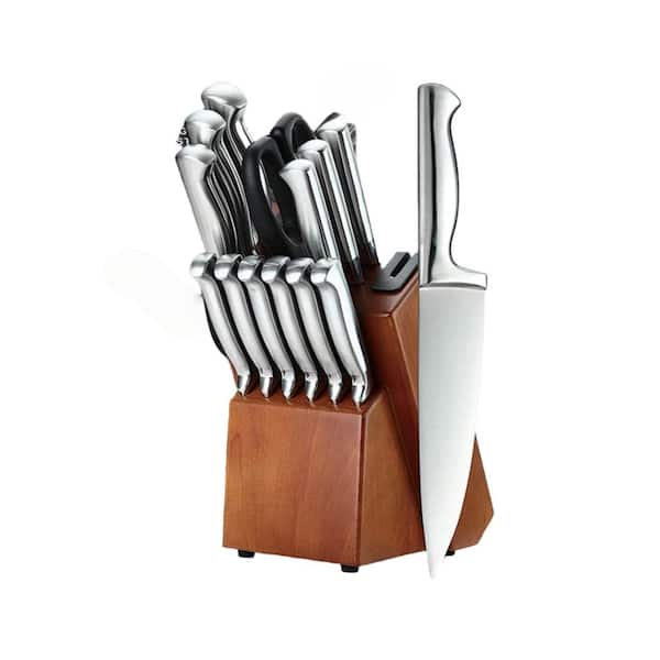 15-Piece Silver German Stainless Steel Forged Kitchen Knife Set with Knife Block Built-in Sharpener for Kitchen Cooking
