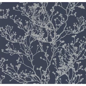 Ronald Redding Navy Budding Branch Silhouette Paper Unpasted Matte Wallpaper 27 in. x 27 ft.