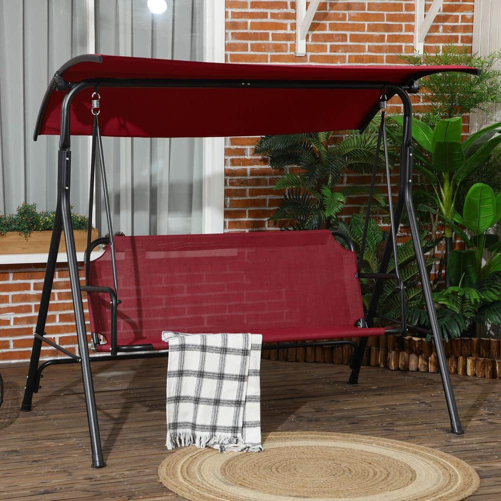 Wine Red Steel Frame 3-Person Patio Swing with Adjustable Canopy