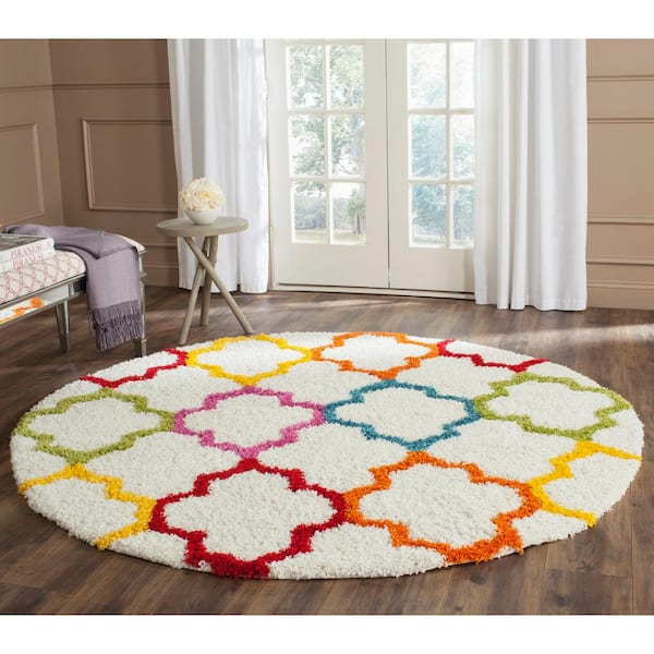 Kids Shag Ivory/Multi 7 ft. x 7 ft. Round Trellis Geometric Area Rug