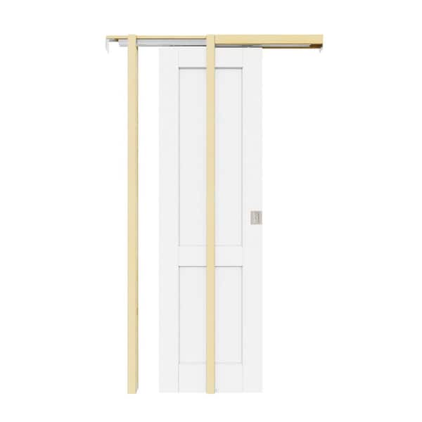 24 in. x 80 in. Paneled 2-Lite White Primed Wood Sliding Pocket Door with Hardware Kit (Soft Close and Silver Lock Incl)