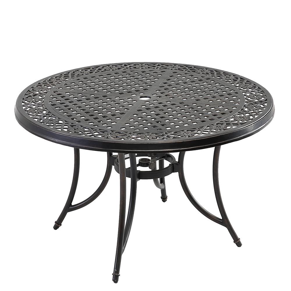 Mondawe Black Gold Round Cast Aluminum Outdoor Dining Classic Pattern Table with Umbrella Hole 21OD165015FF - The Home Depot