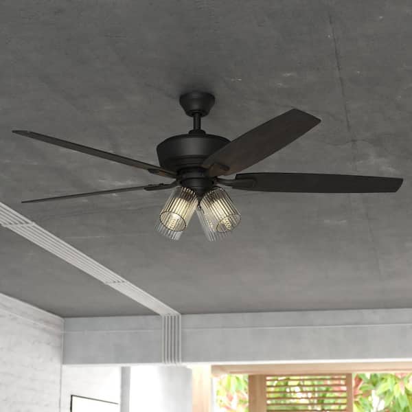 Fircrest 60 in. Matte Black Downrod Mount Ceiling Fan with LED Light Kit and Remote Control Included, DC Motor