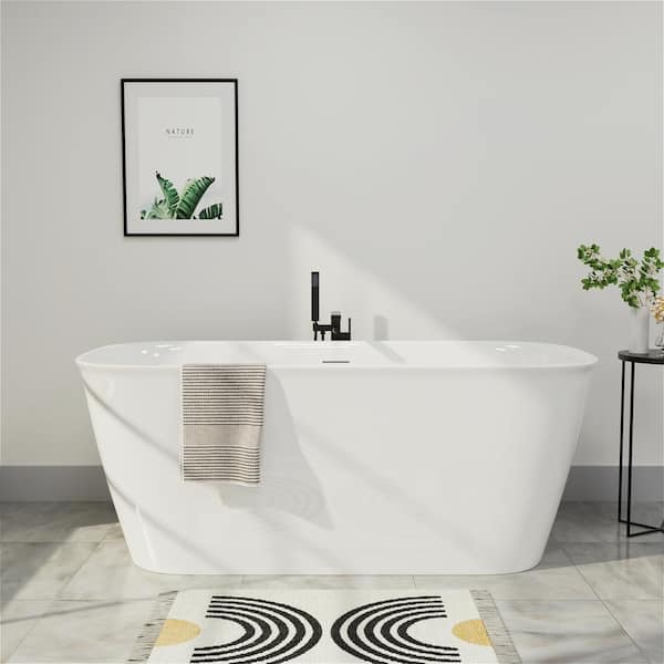 Mokleba 58.5 in. Acrylic Flatbottom Tub Rectangular Center Drain Not Whirlpool Freestanding Tub Soaking Bathtub in White