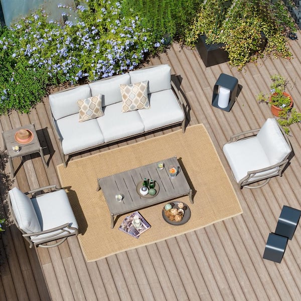 PEAK HOME FURNISHINGS Lamando 5-Piece Aluminum Patio Outdoor Swivel Conversation Set with Light Mixed Gray Cushions Sofa