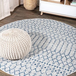 Ourika Moroccan Geometric Textured Weave Light Gray/Navy 4 ft. Round Indoor/Outdoor Area Rug