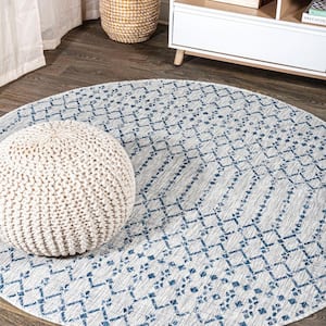 Ourika Moroccan Geometric Textured Weave Light Gray/Navy 5' Round Indoor/Outdoor Area Rug