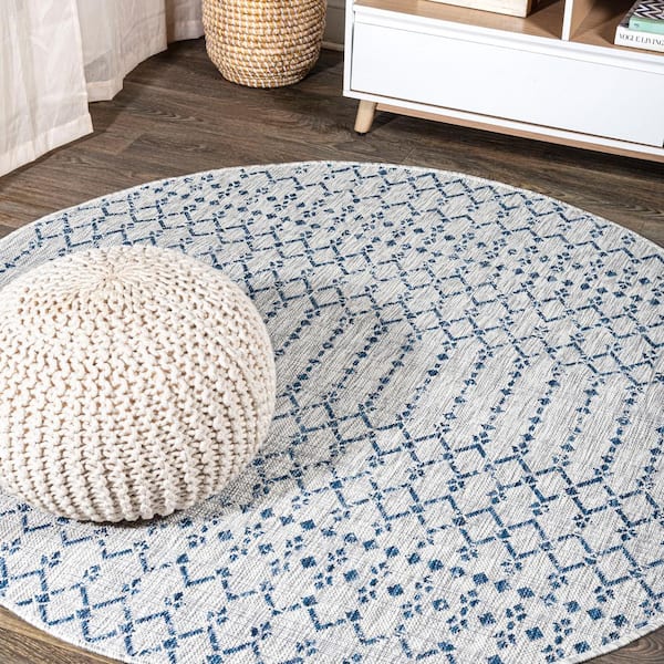 JONATHAN Y Ourika Moroccan Geometric Textured Weave Light Gray/Navy 8 ft. Round Indoor/Outdoor Area Rug