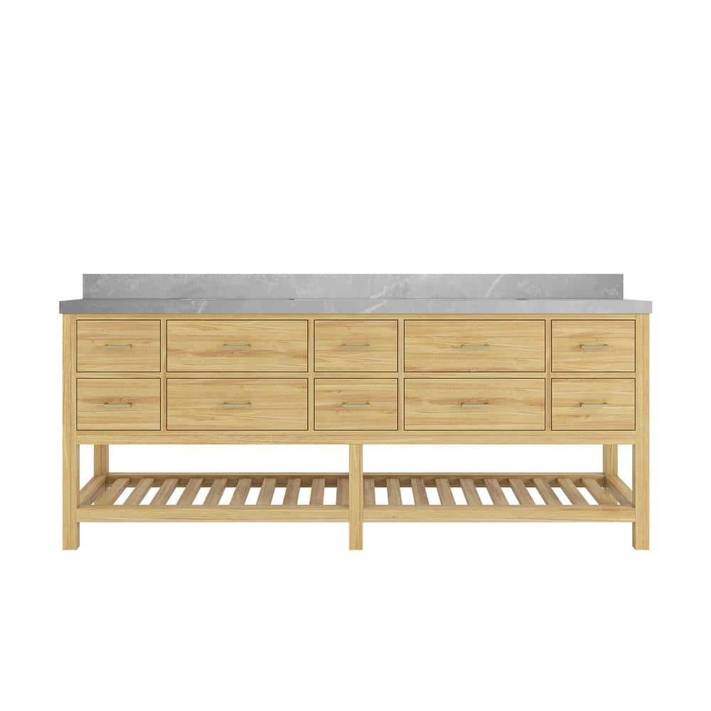 Parker Teak 84 in. Double Sink Freestanding Light Natural Bath Vanity with Regular Pearl Gray Quartz Top Unassembled price history on PriceWatchPro