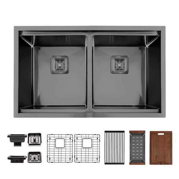 32 in. Undermount Double Bowl 16 Gauge Black Stainless Steel Workstation Kitchen Sink with Accessories