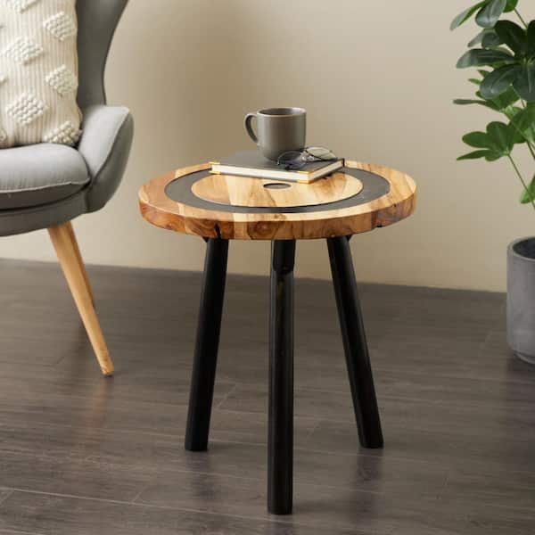 Litton Lane 20 in. Brown Layered Circle Geometric Large Round Teak Wood End Table with Black Legs