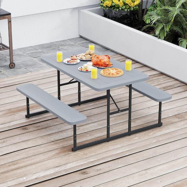 1-Piece Plastic Outdoor Dining Set Picnic Table Bench Set for 2-4 People Outdoor Rectangular Camping Table Gray