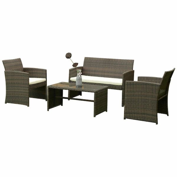 Costway 4 Piece Wicker Outdoor Patio Conversation Table Sofa Garden Furniture Set With Beige Cushions Hw55308 The Home Depot