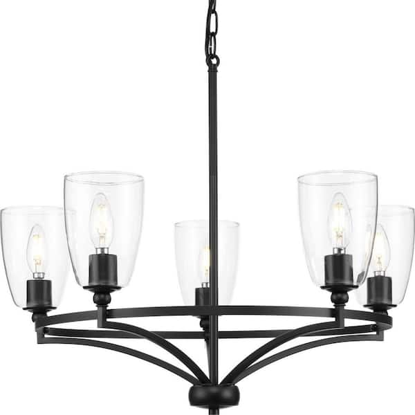 Progress Lighting Parkhurst 25.25 in. 5-Light Matte Black New Traditional Chandelier with Clear Glass Shades for Dining Room