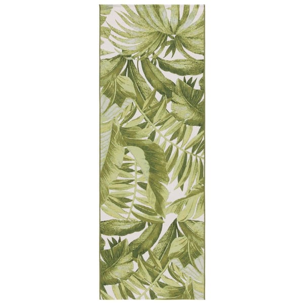 Barbados Ivory/Green 3 ft. x 10 ft. Oversized Floral Indoor/Outdoor Runner Rug