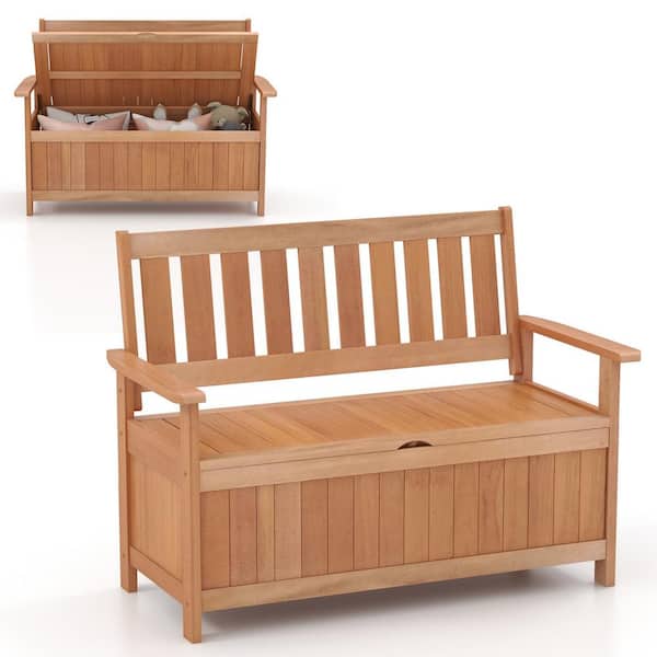 Costway 48 in. Patio Storage Bench Hardwood Outdoor Loveseat with Slatted Backrest for Backyard