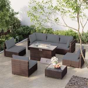 8-Piece Outdoor Brown Wicker Patio Conversation Set with Wicker Fire Pit Table with Dark Gray Cushions