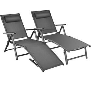 2-Pieces Metal Outdoor Chaise Lounge Folding Reclining Chairs w/7 Position Headrest Pillow Grey