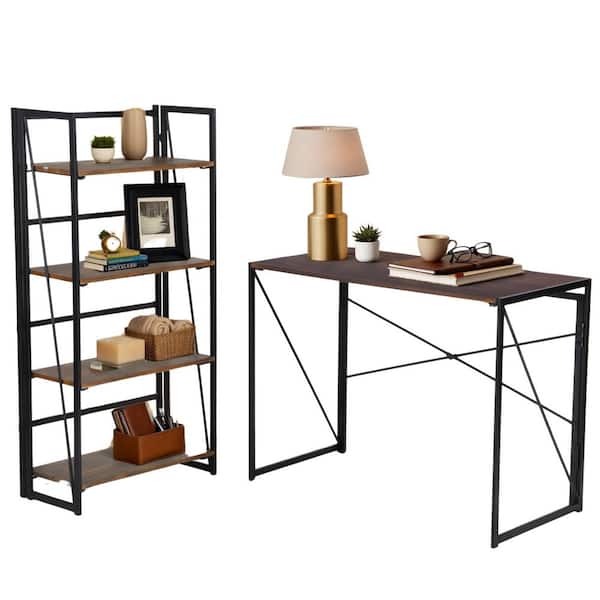 BAHWT Folding 39.37 in. W. Writing Desk and Bookcase Set, Space-Saving Design with Rustic Wood Shelves and Steel Frame