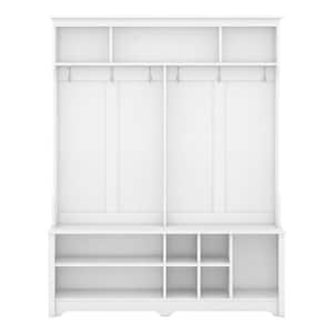 White Hall Tree with Storage Shelves and Coat Hooks All in One Hallway Entryway Coat Rack with Shoes Storage Bench