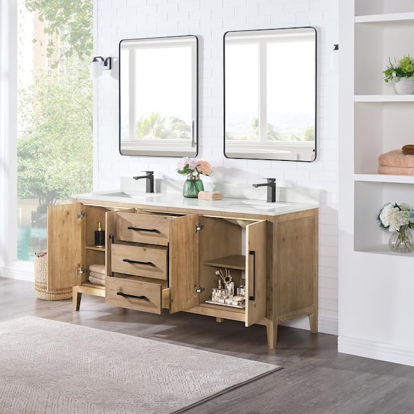 Laurel 72 in. W x 22 in. D x 34 in. H Double Sink Bath Vanity in Weathered Fir with White Quartz Top and Mirror
