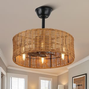 Cora 20 in. Indoor Brown Rattan Wicker Scandi-Style Ceiling Fan with Lights, Zen-inspired 3- Speed Ceiling Fan w/Remote