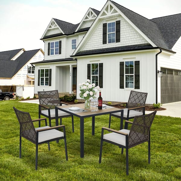 5-Piece Wood Outdoor Dining Set with Washed Cushion