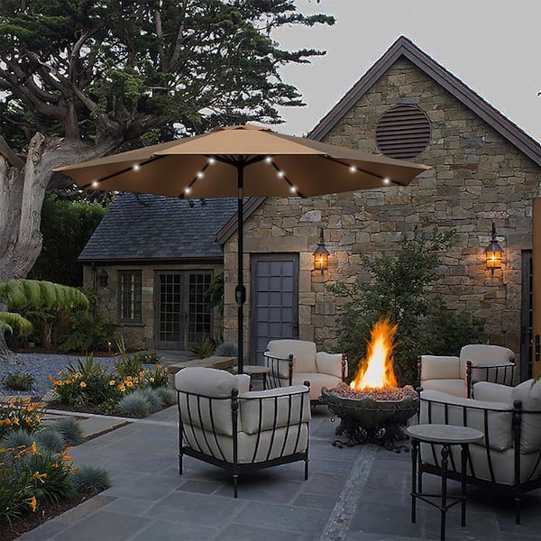 9 ft. Steel Market Crank and Tilt Round Solar Light Patio Umbrella in Tan