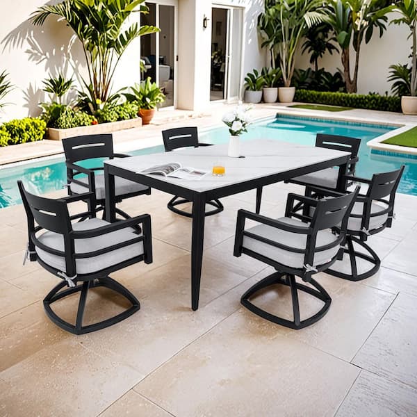 35.5 in. x 71 in. 7 Piece Aluminum Outdoor Dining Set Table Greek White Marble-Look Stone Top 6 Swivel Rockers Cushions
