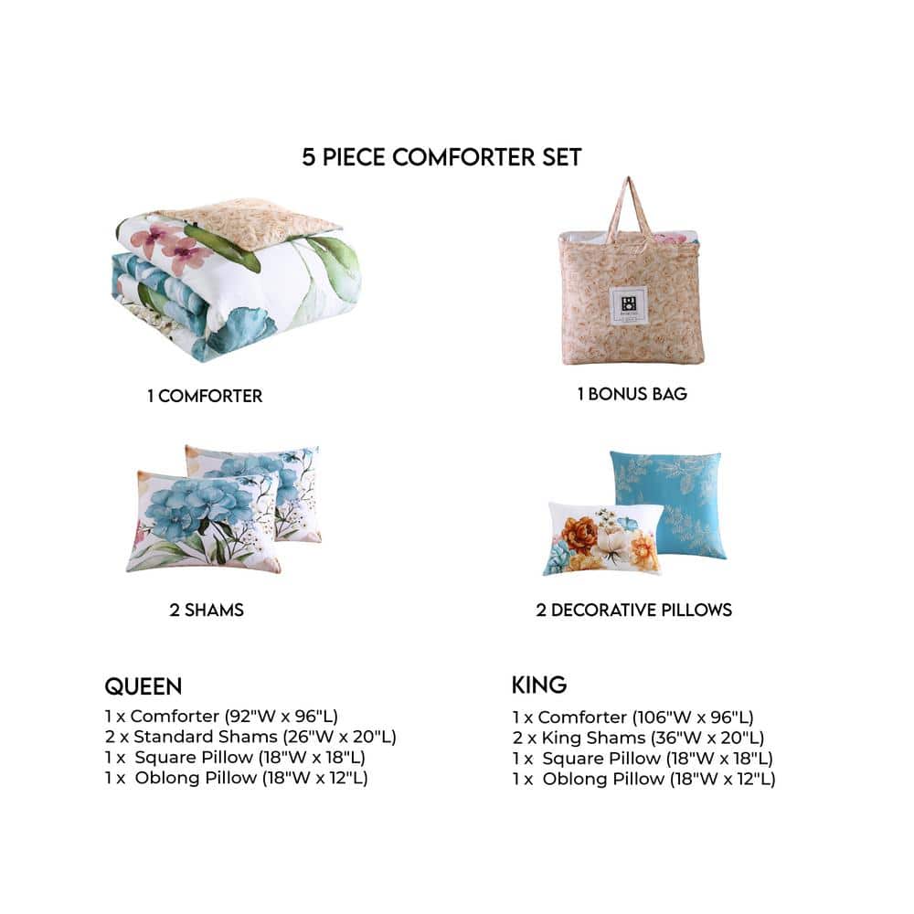 Blush and Blue Cotton Queen Reversible Floral Comforter Set