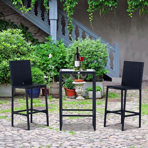 3-Piece Outdoor Patio Metal, Wicker, and Glass Top Bistro Dining Set