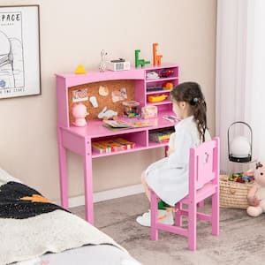 2-Piece Kids Desk and Chair Set Wood Top Study Writing Workstation with Hutch & Bulletin Board Pink