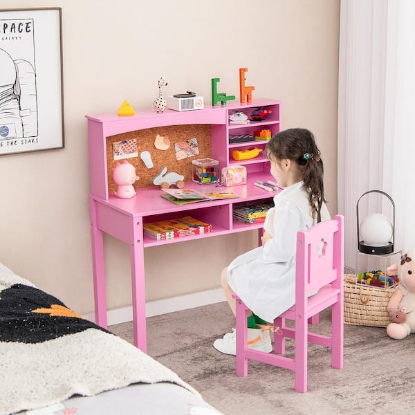 2-Piece Kids Desk and Chair Set Wood Top Study Writing Workstation with Hutch & Bulletin Board Pink