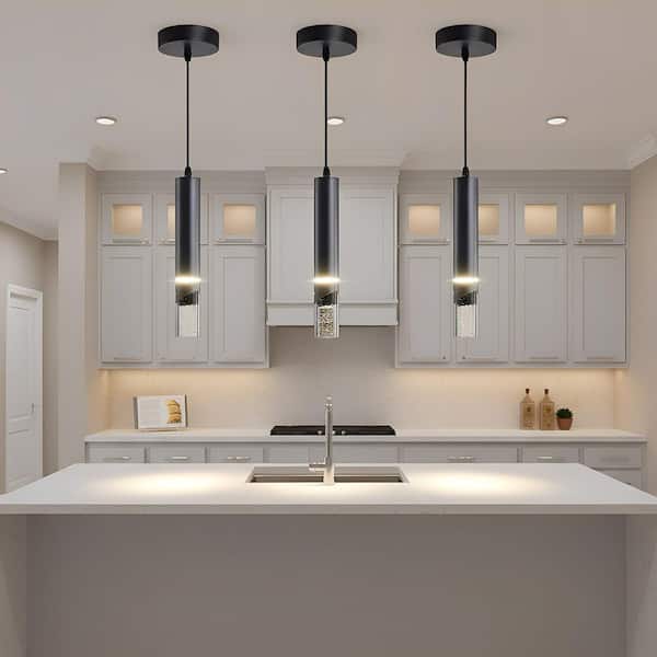 1-Light Modern Black Integrated LED Mini Pendant Light, Metal and Glass Ceiling Light for Kitchen Island, Bedroom,3 Pack