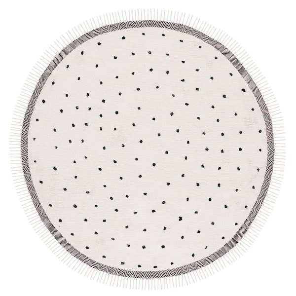 Easy Care 8 ft. x 8 ft. Ivory/Black Machine Washable Spotted Fringe Border Round Area Rug