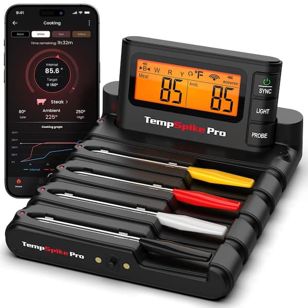 TempSpike Pro WiFi Bluetooth Wireless Meat Thermometer with 4 Probes, Detachable Thin Meat Probe & Standalone Base