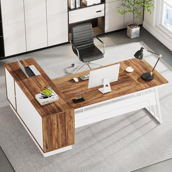 Halsey 71 in. L-Shaped Brown White Wood 3-Drawers Executive Computer Desk Storage Shelves Cabinet Large Office Business
