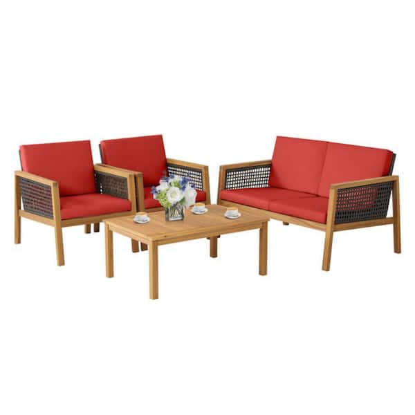 Clihome 4-Pieces Wicker and Acacia Wood Patio Conversation Set Rattan Furniture Set with Removable Red Cushions