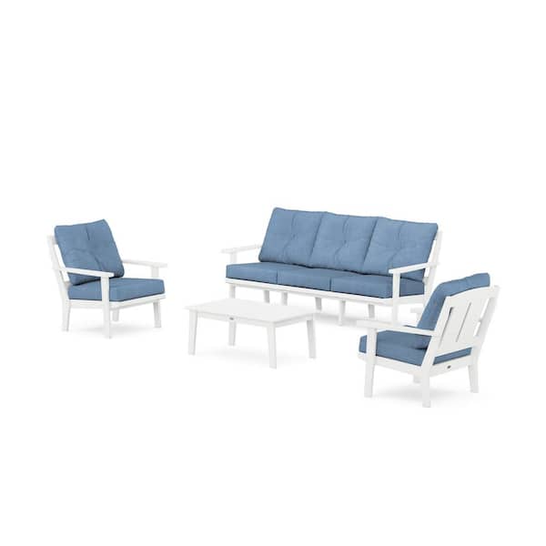 POLYWOOD Mission 4-Pcs Plastic Patio Conversation Set with Sofa in White/Sky Blue Cushions
