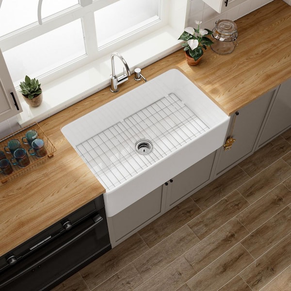 Kuomih Farmhouse Sink 33 in. Single Bowl Gloss White Fireclay