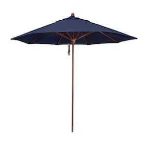9 ft. Woodgrain Aluminum Commercial Market Patio Umbrella Fiberglass Ribs and Pulley Lift in Navy Sunbrella