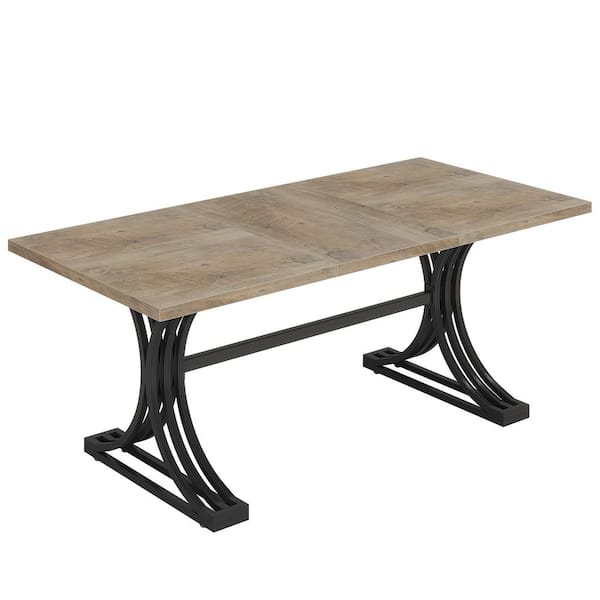 BYBLIGHT Roesler Gray and Black Wood 63 in. Sled Rectangular Dining Table with Faux Marble Tabletop for 4-8
