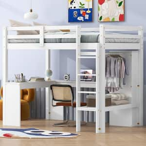 White Multifunctional Twin Size Wood Loft Bed with L-Shaped Desk, Wardrobe and Storage Shelves