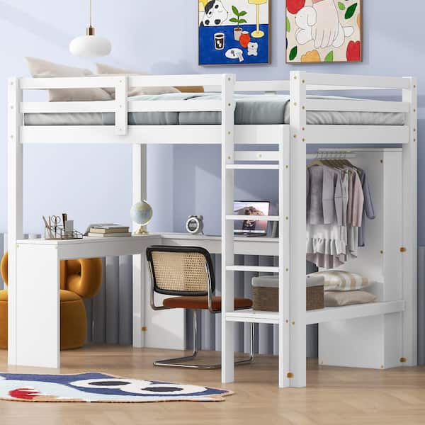 Harper & Bright Designs White Multifunctional Twin Size Wood Loft Bed with L-Shaped Desk, Wardrobe and Storage Shelves