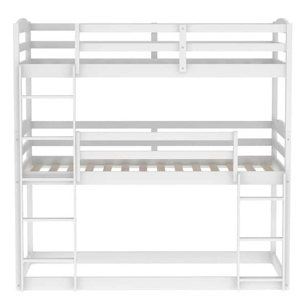 STICKON White Twin Over Twin Size Triple Bunk Bed with Guardrails