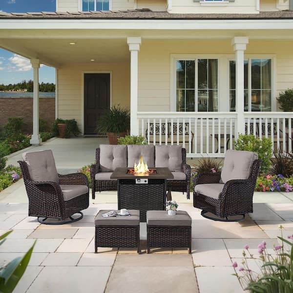 moosprr Arcline 6-Piece Brown Wicker Fire Pit Conversation Set with Olefin Gray Cushions and Swivel Glider Chairs