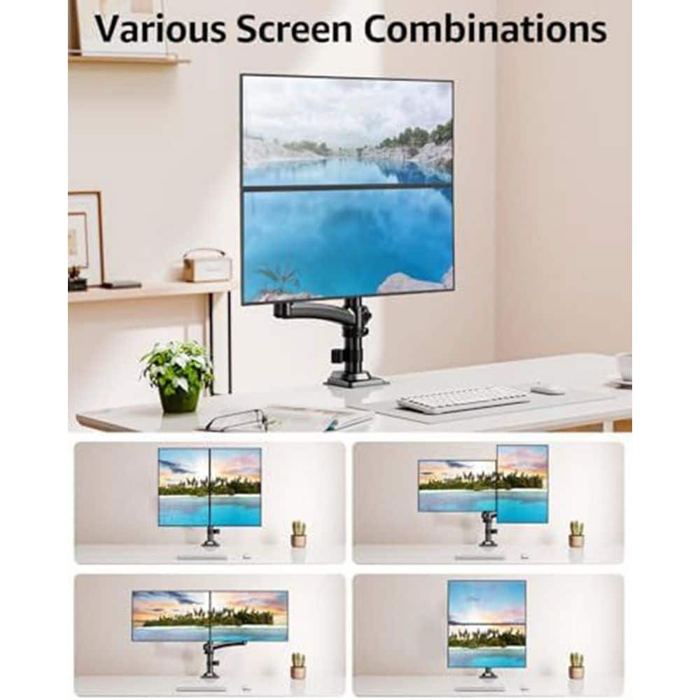 Dual Arm Gas Spring Monitor Stand Mount for 13-32 inch Screens Holds 22 lbs Height Adjustable Black - Thumbnail 2