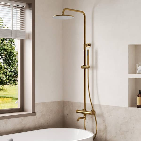 3-Spray Round Wall Mount Wall Bar Shower Kit with Tub Spout, Adjustable Height 2.5 GPM in Brushed Gold Valve Included