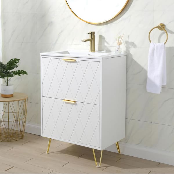 VAPSINT 24 in. W Bathroom Vanity in White with White Ceramic Sink Maximizes Storage in Small Bathrooms and Powder Rooms