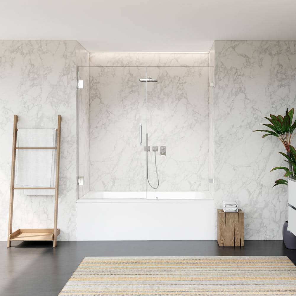 60" Polished Chrome Frameless Hinged Tub Door with Clear Glass